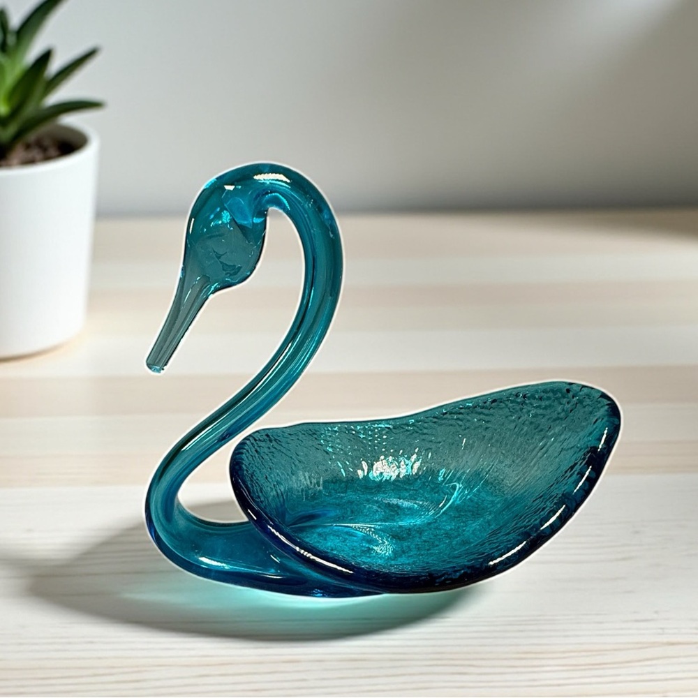 Empoli Italy Cobalt Blue Art Glass Swan Dish Vintage 1950's Mid-Century  7”X 6”